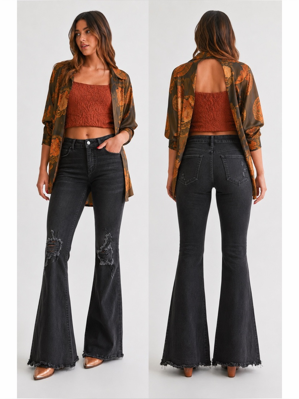 Kancan Black Distressed Kurvy Flare Jeans